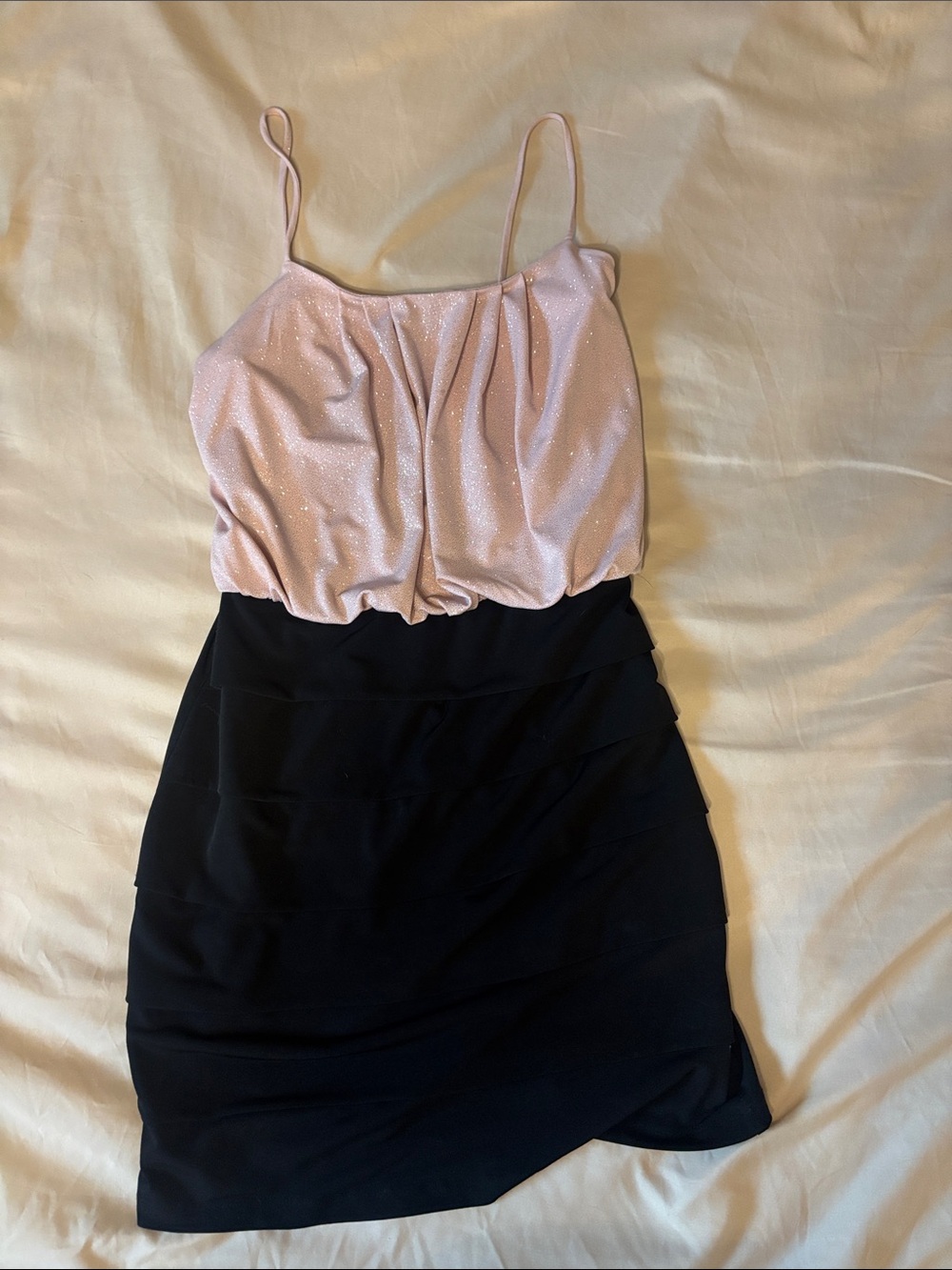Shimmer Pink & Black Tiered Mini Party Dress